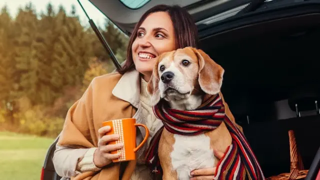 Lady sipping a hot drink with her dog in the back of a car